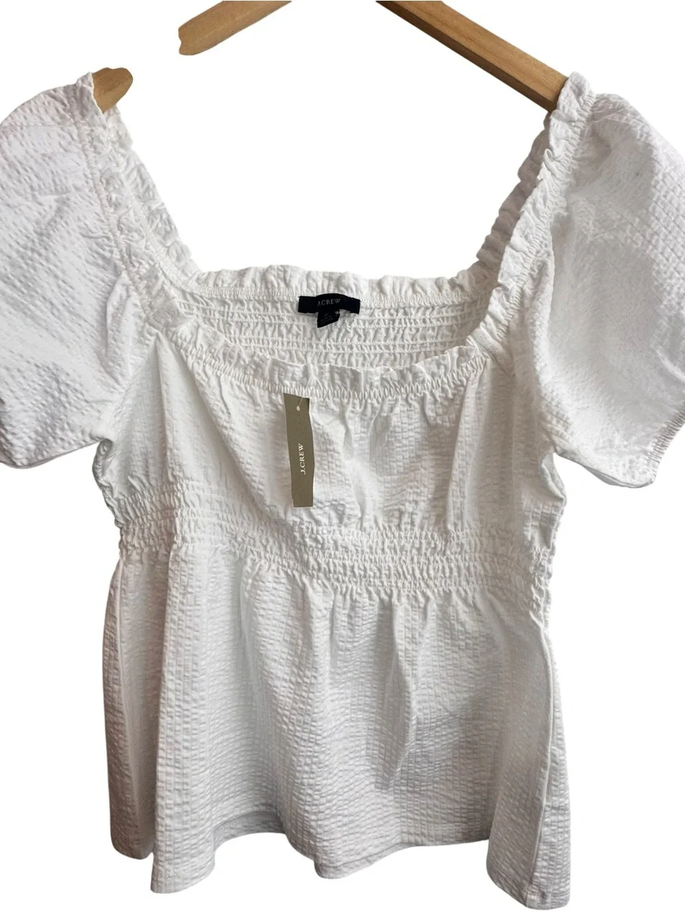 NWT J. Crew Seersucker Smocked White Top Size M